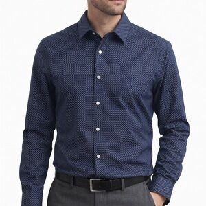 Apt 9 Premier Flex Slim Fit Shirt Men’s 17 34/35 Blue White Dot Long Sleeve
